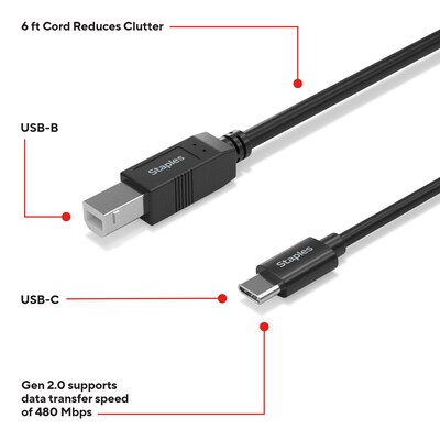 Staples TECH 6 ft. USB-C to USB-B 2.0 Cable, Male to Male, Black (ST62444)