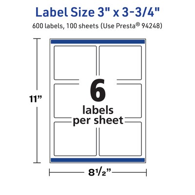 Avery TrueBlock Laser/Inkjet Rectangle Multipurpose Labels, 3" x 3.75", White, 600/Box (94248)