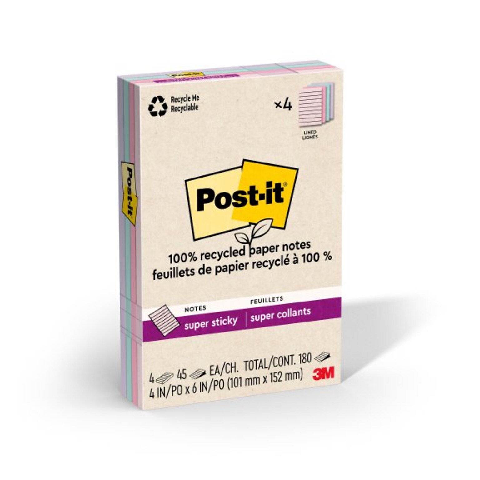 Post-it Recycled Super Sticky Notes, 4 x 6, Wanderlust Pastels Collection, 45 Sheets/Pad, 4 Pads/Pack (4621R-4SSNRP)