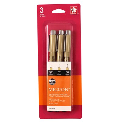 Sakura Pigma Micron Pen, Fineliner, Black Ink, 3/Bundle (SAK50064-3)