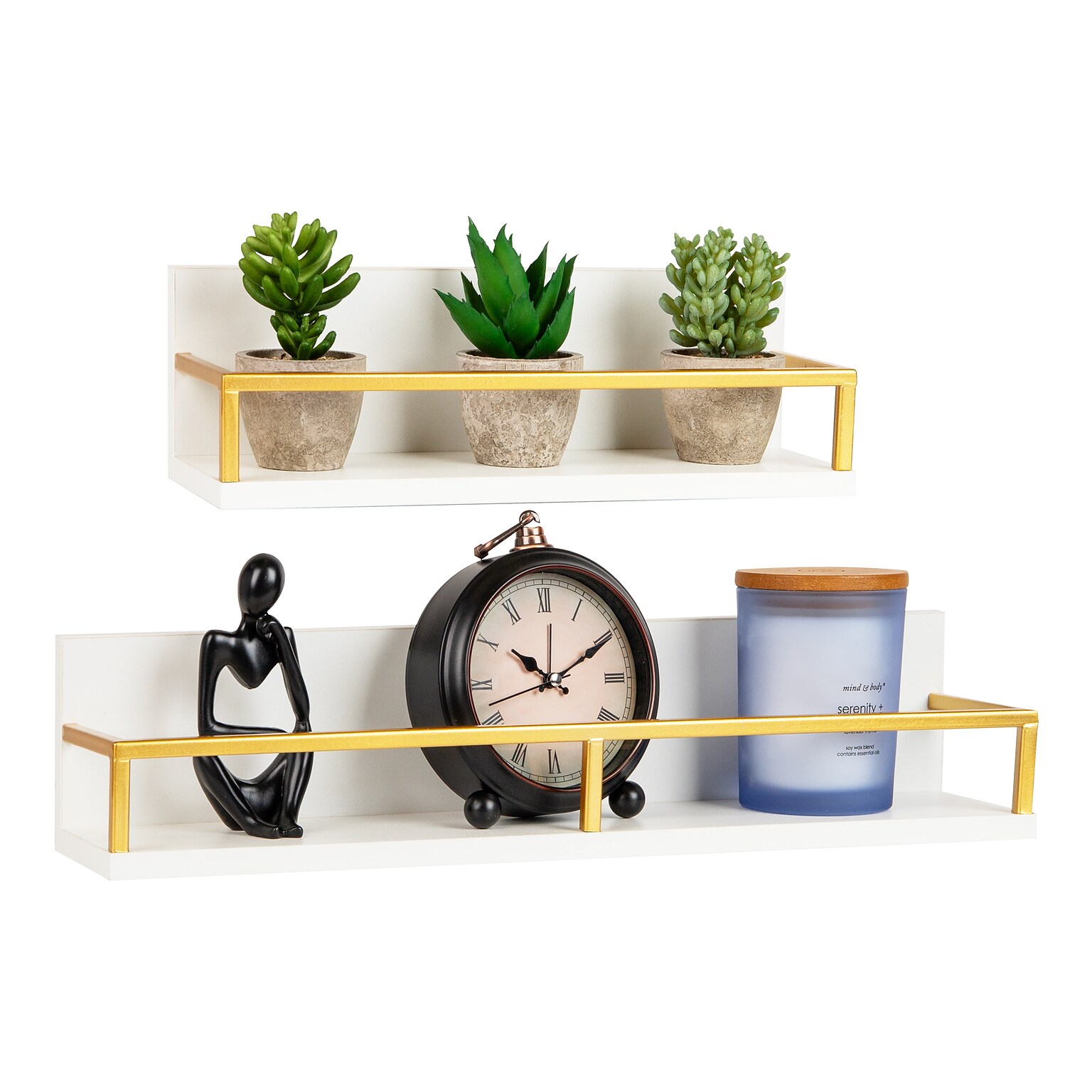 Mind Reader 2 Metal Floating Shelves, 4 x 4 x 18, White/Gold (MDG2SH-WHT)