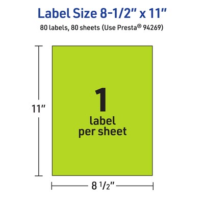 Avery Rectangle Multipurpose Labels, 8.5" x 11", Bright Green, 80/Box (94269)