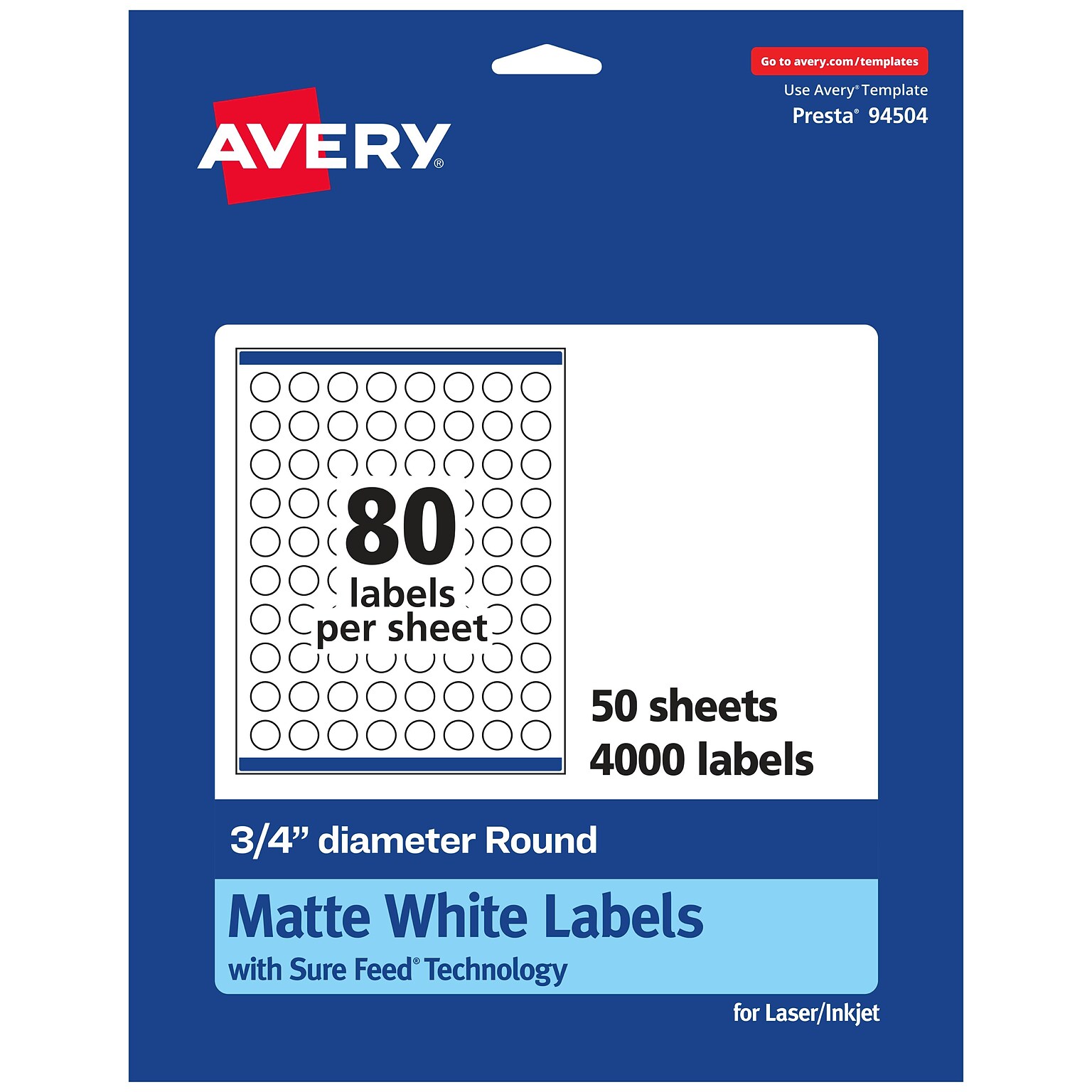 Avery Laser/Inkjet Round Multipurpose Labels, 0.75 Dia, Matte White, 4,000 Labels/Box (94504)