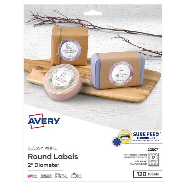 Avery Printable Laser/Inkjet Round Labels with Sure Feed, 2 Diameter, Glossy White, 120/Pack (22807)