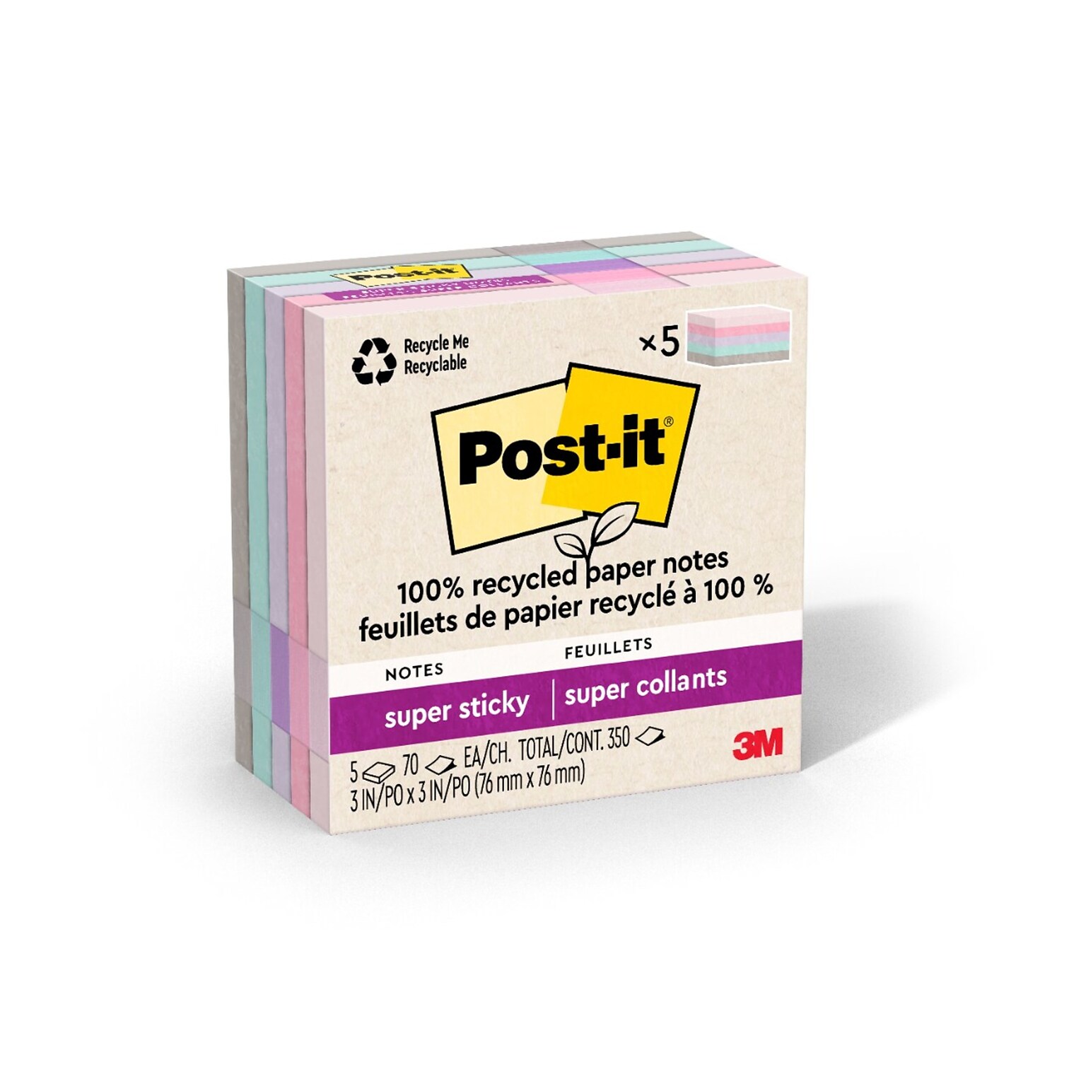 Post-it Recycled Super Sticky Notes, 3 x 3, Wanderlust Pastels Collection, 70 Sheets/Pad, 5 Pads/Pack (654R-5SSNRP)