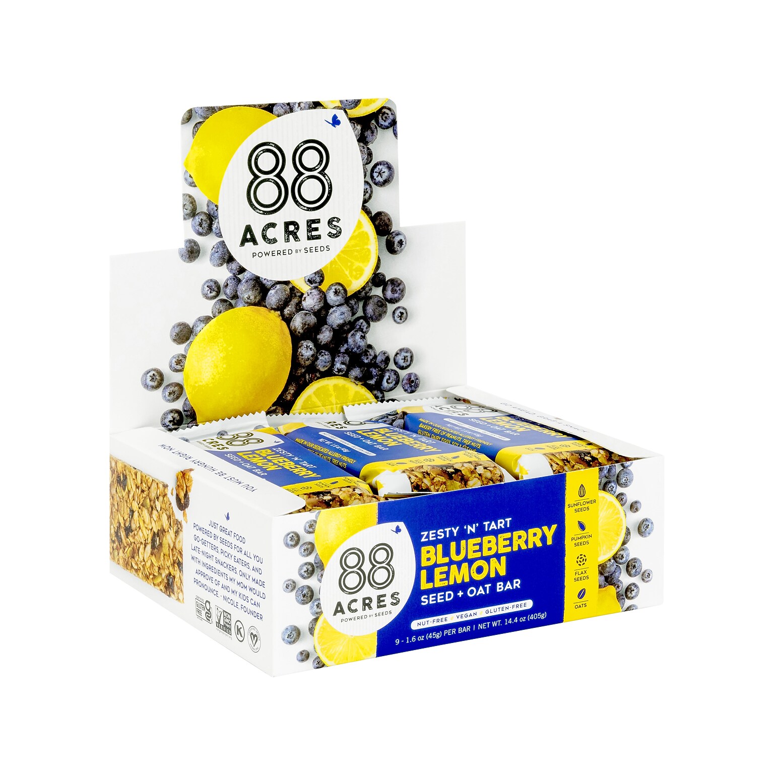 88 Acres Warm N Chewy Gluten-Free Blueberry/Lemon Seed and Oat Bar, 1.6 oz., 9 Bars/Box (315104)