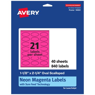 Avery Oval Scalloped Laser/Inkjet Multipurpose Labels, 1-1/8 x 2-1/4, Neon Magenta (840/Box)