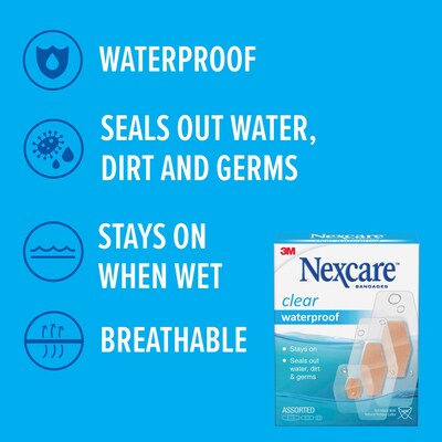 Nexcare Waterproof Ahesive Bandages, AssortedSized, Clear, 50/Box (432-50)