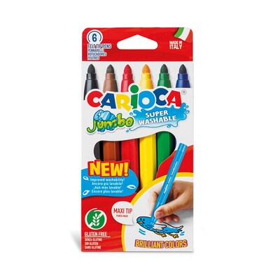 CARIOCA Jumbo Washable Kids Markers, Maxi Tip, Assorted Colors, 6/Pack, 3/Bundle (CRA40568-3)