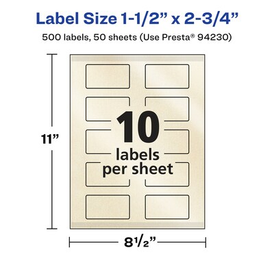Avery Laser/Inkjet Rectangle Pearlized Labels, 1.5" x 2.75", Ivory, 500 Labels/Box (94230)