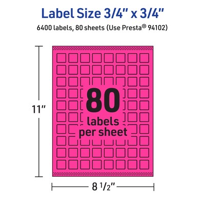 Avery Laser/Inkjet Square Multipurpose Labels, 0.75" x 0.75", Neon Magenta, 6400/Box (94102)