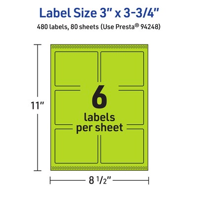 Avery Printable Rectangle Multipurpose Labels, 3" x 3.75", Bright Green, 480/Box (94248)