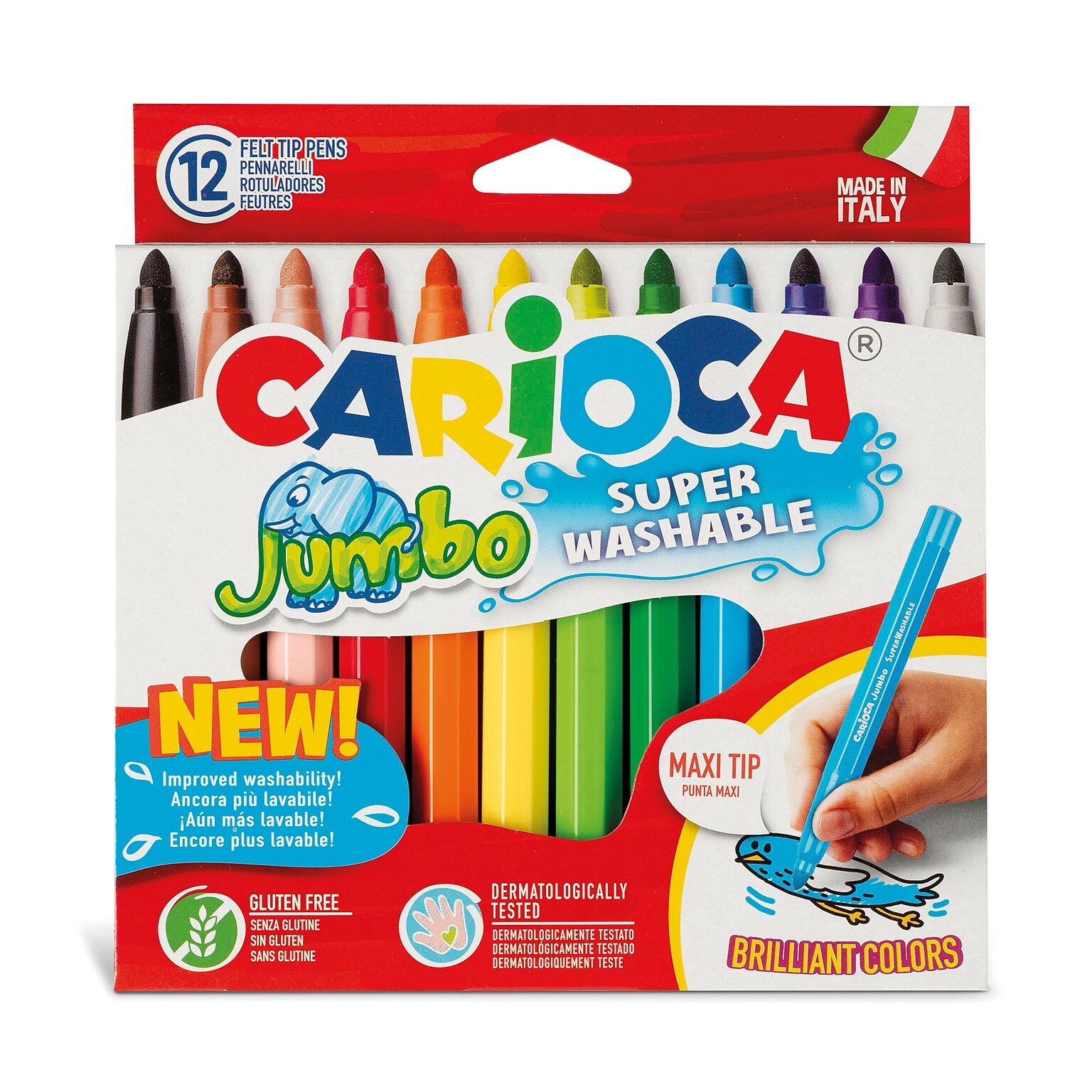 CARIOCA Jumbo Washable Kids Markers, Maxi Tip, Assorted Colors, 12/Set (CRA40569)