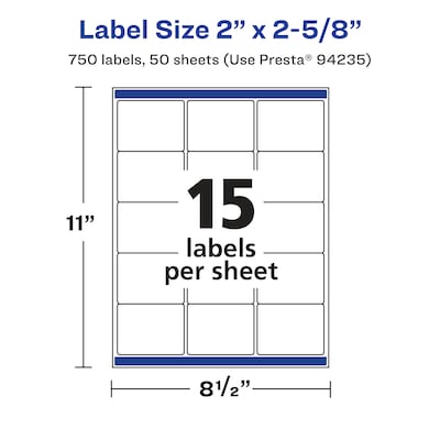 Avery Laser/Inkjet Rectangle Multipurpose Labels, 2" x 2.625", White, 750 Labels/Box (94235)