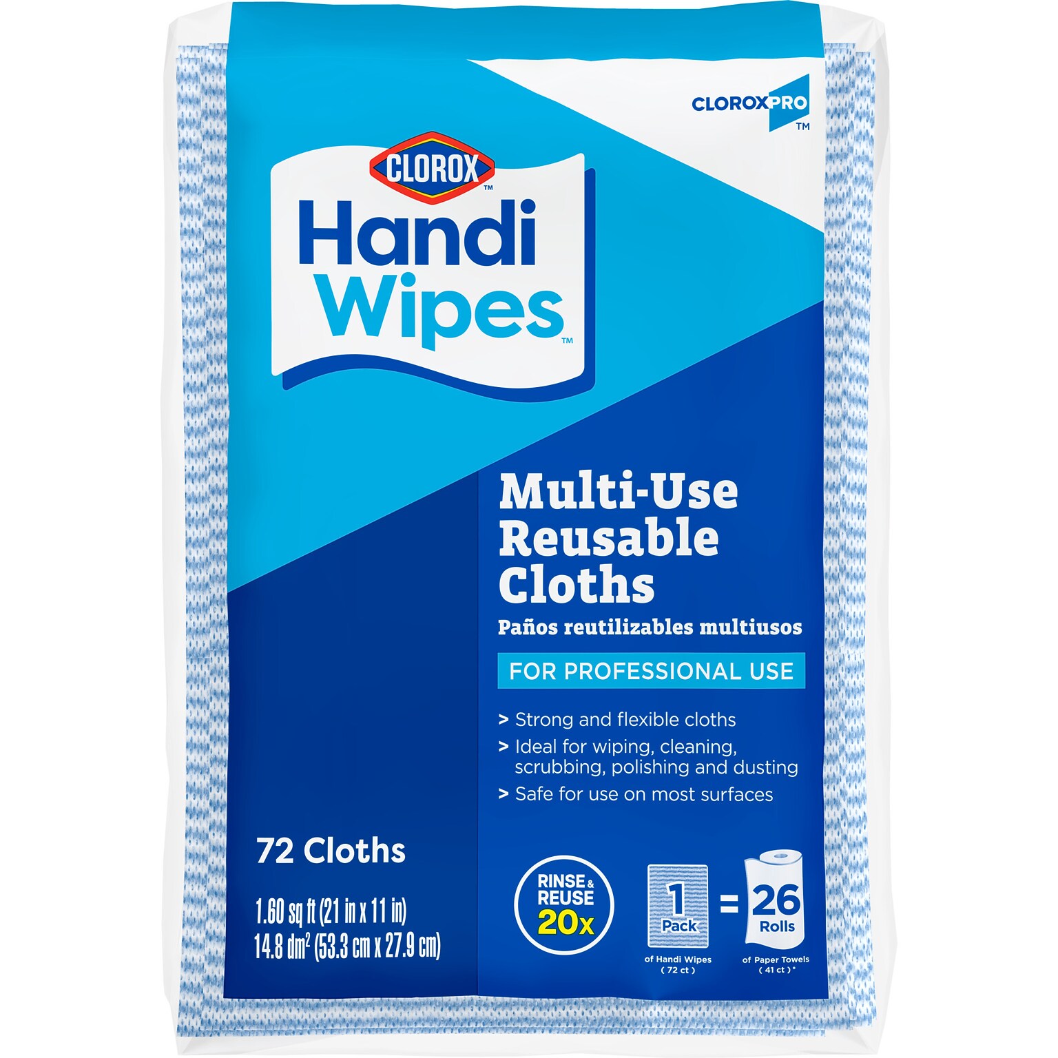 CloroxPro Clorox Handi Wipes Cotton Cleaning Cloths, Blue/White, 72 Cloths/Pack (60942)