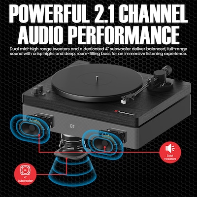Audiosource AT33 Belt Drive turntable with 2.1 channel 120 watt Bluetooth Speakers, Black Woodgrain (AT3345BW)