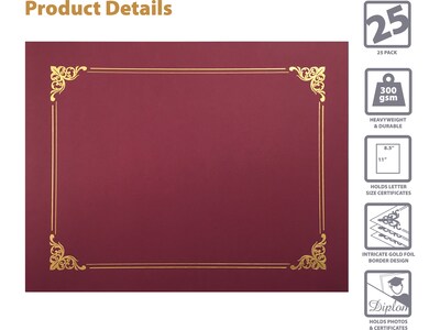 Better Office Certificate Holders, 8.75 x 11.25, Crimson Red/Gold, 25/Pack (65253-25PK)