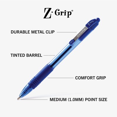 Zebra Z-Grip Retractable Ballpoint Pen, Medium Point, 1.0mm, Blue Ink, 96/Pack (22296)