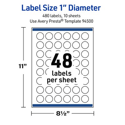Avery Waterproof Round Laser Multipurpose Labels, 1" Dia., White, 480/Pack (19479399400)