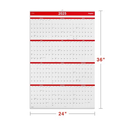 2025 Staples 24" x 36" Wall Calendar, Red/Black/White (ST53999-25)