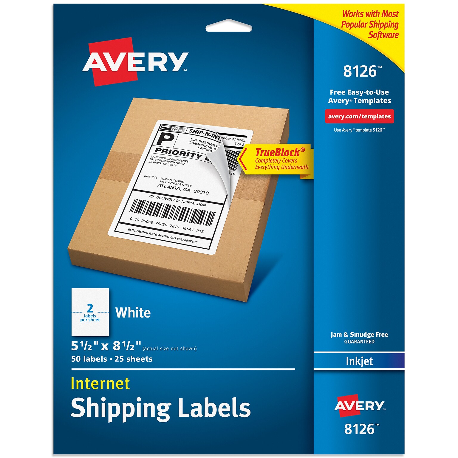 Avery TrueBlock Inkjet Shipping Labels, 5.5 x 8.5, Matte White, 50 Labels/Pack (8126)