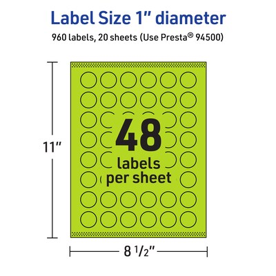 Avery Laser/Inkjet Multipurpose Circle Labels, 1" Dia., Bright Green, 960/Pack (94500)