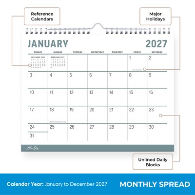 2027 Blue Sky 8.75" x 11" Monthly Wall Calendar, Gray/White (160978)