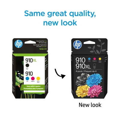 HP 910XL/910 Black High Yield and Cyan/Magenta/Yellow Standard Yield Ink Cartridge, 4/Pack (3JB41AN#140)