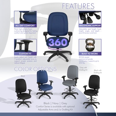 Regency Comfort Series Ergonomic Fabric Swivel Task Chair, Navy Blue (125-NV)