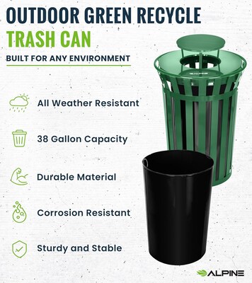 Alpine Industries Stainless Steel Outdoor Trash Can with Rain Bonnet Lid, 38 Gallon, Green (ALP479-38-1-GRN-MKTCOPY)