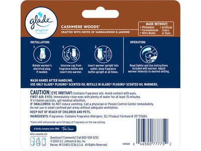 Glade PlugIns Scented Oil Diffuser Refill, Cashmere Woods, 0.67 fl. oz, 5/Pack (322828)