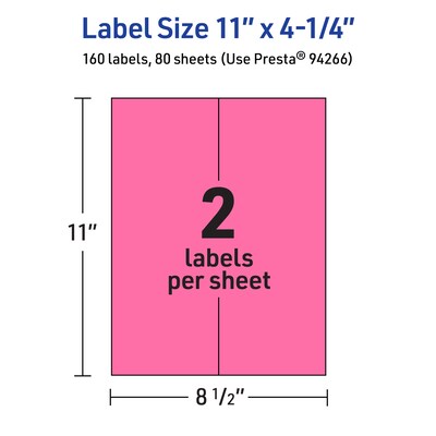 Avery Rectangle Laser/Inkjet Multipurpose Labels, 11" x 4.25", Bright Pink (160/Box)