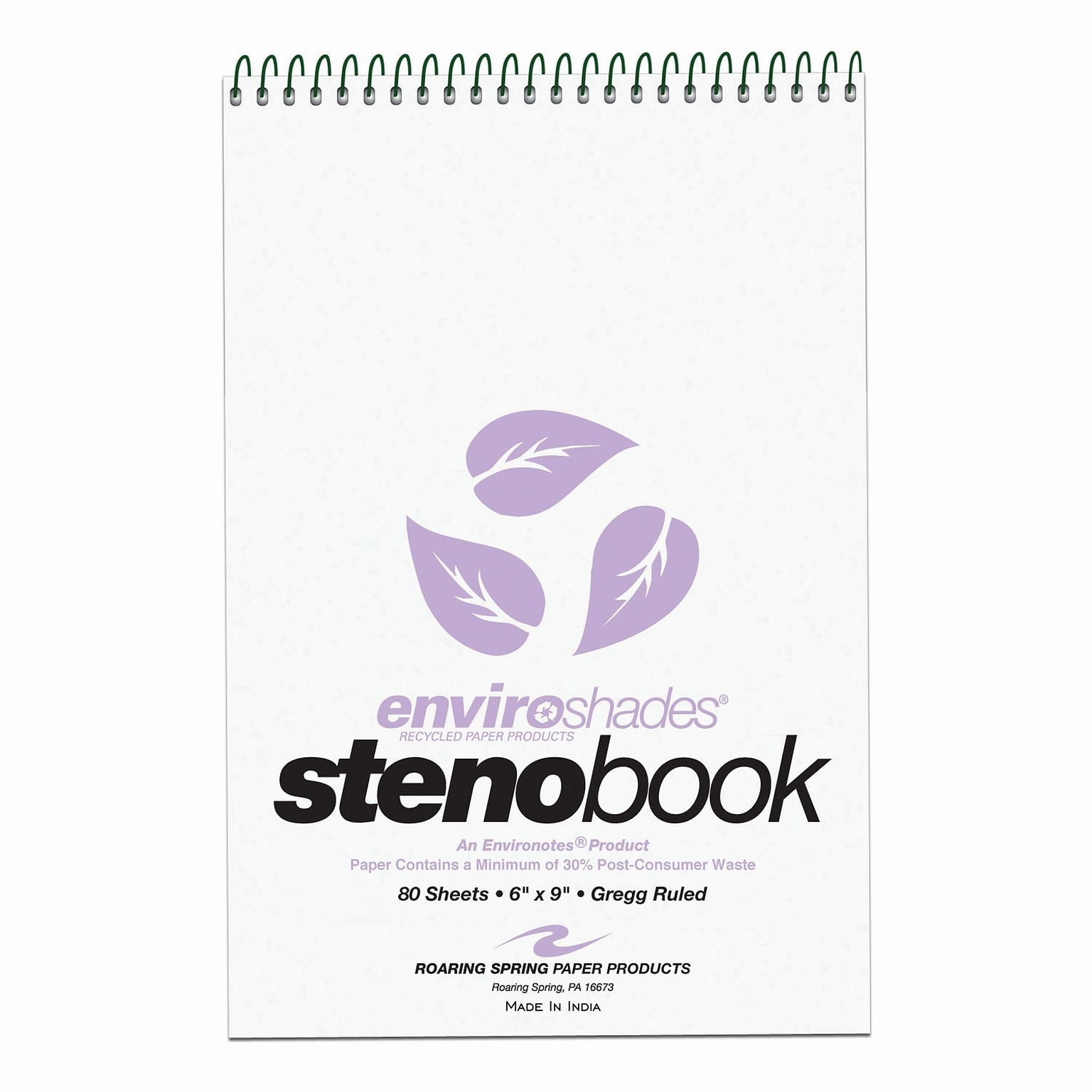 Roaring Spring Enviroshades Steno Notebook, 6 x 9, 80 Sheets/Pad, Gregg Ruled, Recycled Orchid Paper, 4 Bks/Pk (12264)