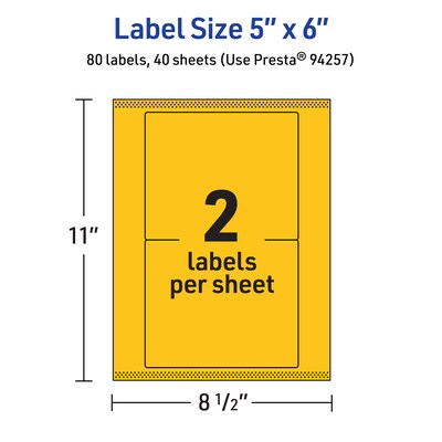 Avery Laser/Inkjet Rectangle Multipurpose Labels, 5" x 6", Bright Yellow, 80/Pack (94257)