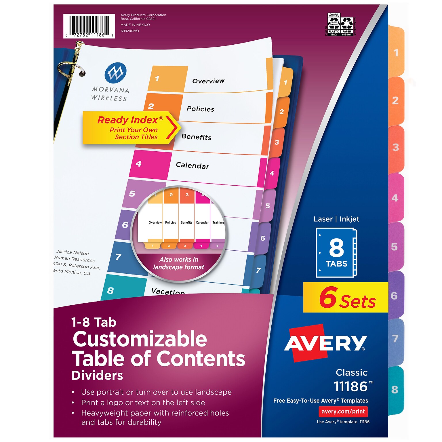 Avery Ready Index Table of Contents Pre-Printed Numeric Paper Divider, 8 Tabs, Multicolor, 6 Sets (11186)