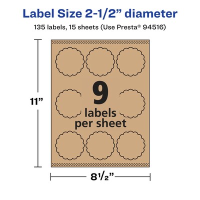 Avery Laser/Inkjet Decorative Edge Multipurpose Labels, 2.5" Dia., Kraft Brown, 135 Labels/Pack ( 94516)