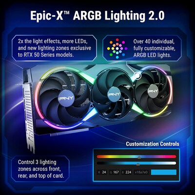 PNY NVIDIA GeForce RTX 5080 EPIC-X ARGB OC Triple Fan PCIe 5.0 16GB GDDR7 Gaming Graphics Card, 2295 MHz Core, Black
