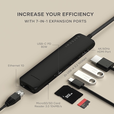 Satechi 7-in-1 USB-C Slim Multiport Universal Docking Station, Black (ST-P7SK)