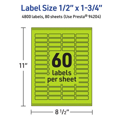 Avery Laser/Inkjet Multipurpose Rectangle Labels, 0.5" x 1.75", Bright Green, 4800/Box (94204)