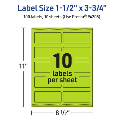 Avery Laser/Inkjet Multipurpose Rectangle Labels, 1.5" x 3.75", Bright Green, 100/Pack (94205)