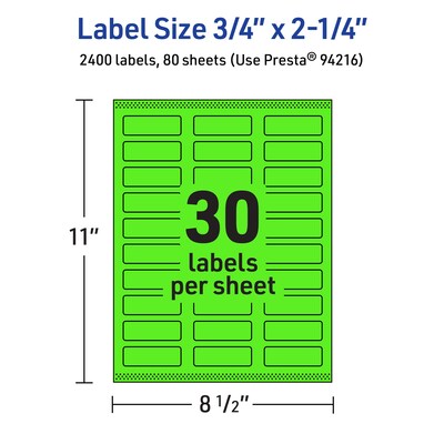 Avery Laser/Inkjet Multipurpose Labels, Neon Green, 30 Labels/Sheet, 80 Sheets/Pack (94216-NGP80)