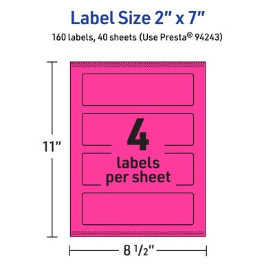 Avery Laser/Inkjet Rectangle Multipurpose Labels, 2" x 7", Neon Magenta, 160/Pack (94243)