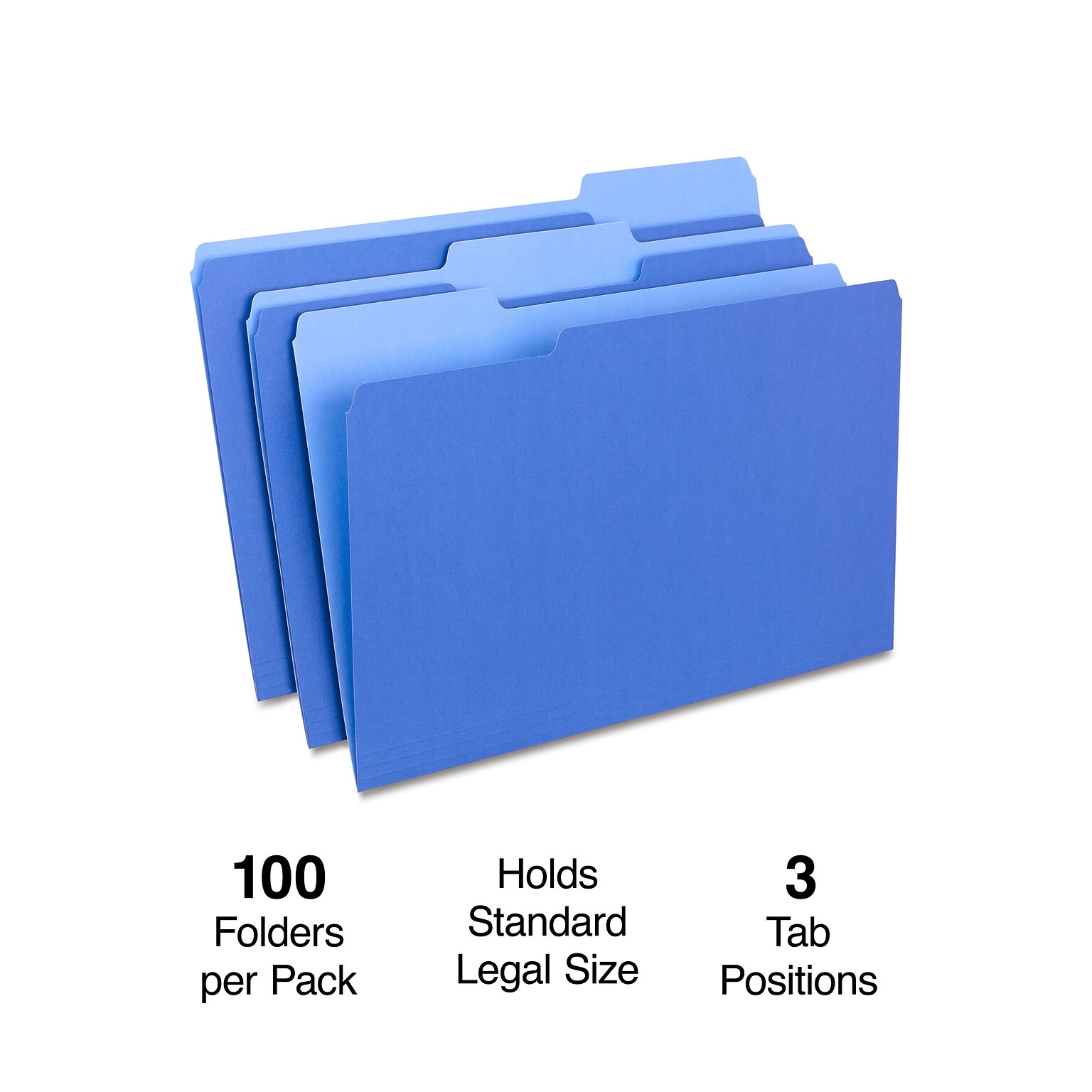 Staples Colored File Folders, Legal Size, 3-Tab Top-Tab Design, Blue, Durable Paper Stock, 100/Pack