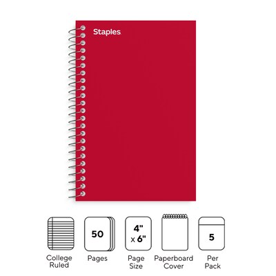 Staples Memo Pad, 4" x 6", College Ruled, Assorted Colors, 50 Sheets/Pad, 5 Pads/Pack (ST11495N)