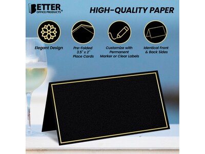 Better Office 2" x 3.5" Matte Black/Gold Table Tent Place Card, 100/Pack (64647-100PK)