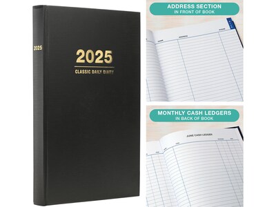 2025 Global Printed Products 8" x 12.5" Daily Planner, Cardboard Cover, Black (SPLS-SDCY25-BK)