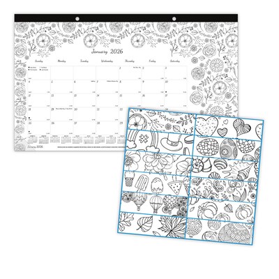 2026 Blueline DoodlePlan 10.875" x 17.75" Monthly Desk Pad Coloring Calendar, Black/White (C2917001)