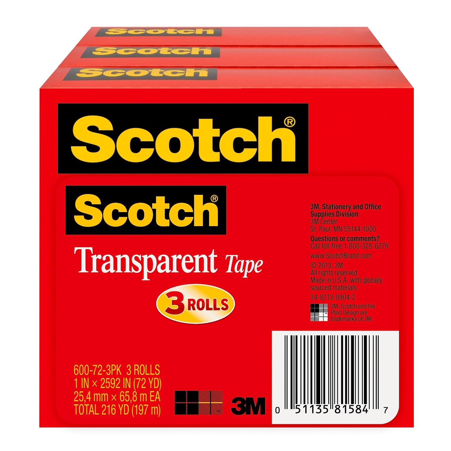 Scotch Transparent Tape Refill, 1 x 72 yds., 3 Rolls (600-72-3PK)