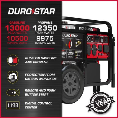 DuroStar DS13000MX Portable Inverter Generator, Electric/Recoil Start, Dual Fuel, 13000 Watts (B3190981)
