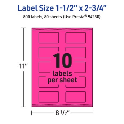 Avery Laser/Inkjet Rectangle Multipurpose Labels, 1.5" x 2.75", Neon Magenta, 800/Box (94230)